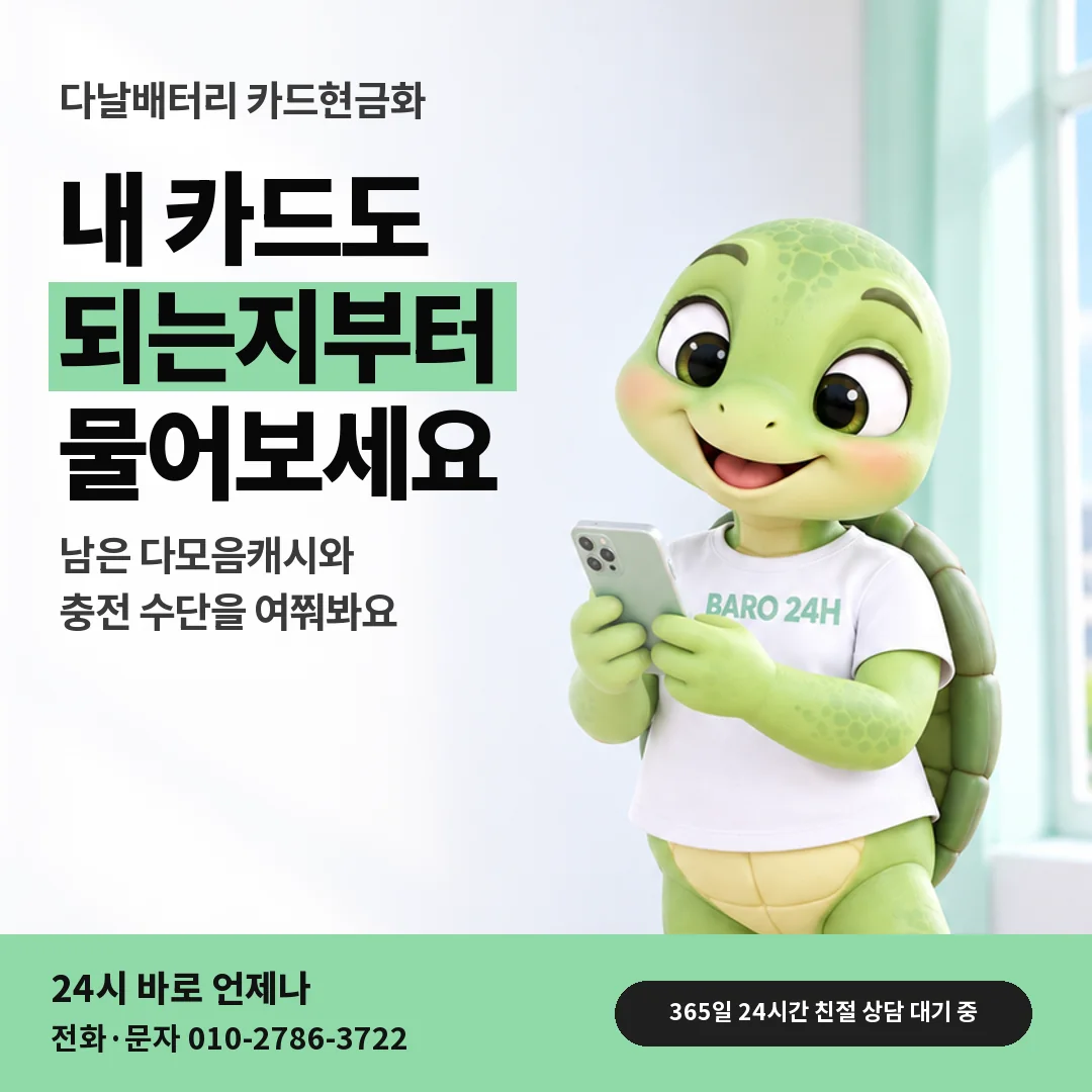 휴대폰을 보며 웃는 BARO 24H 티셔츠를 입은 3D 거북이 캐릭터 옆에 「되는지 먼저 물어보세요」 제목을 얹은 안내 카드