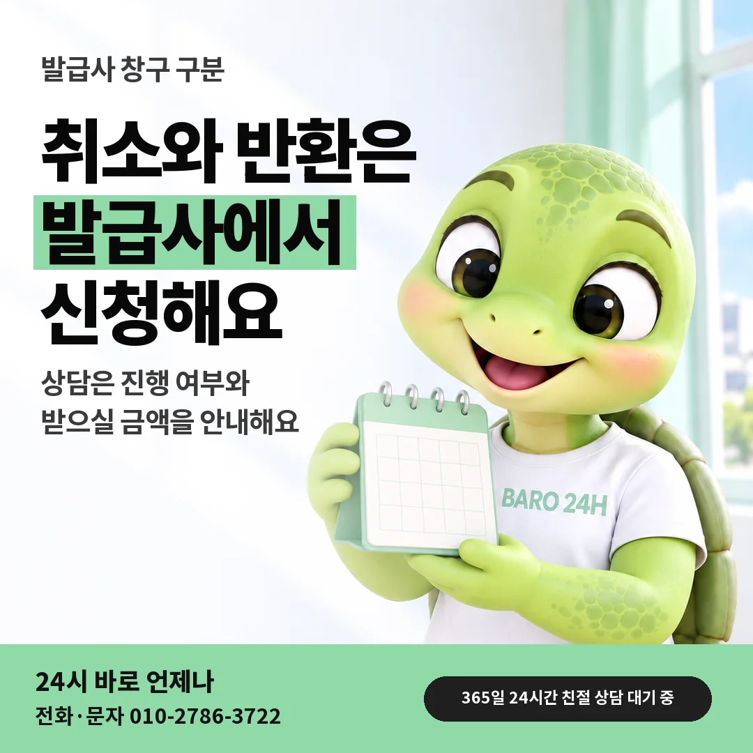 달력을 든 BARO 24H 티셔츠를 입은 3D 거북이 캐릭터 옆에 「발급사 창구 구분」 제목을 얹은 안내 카드